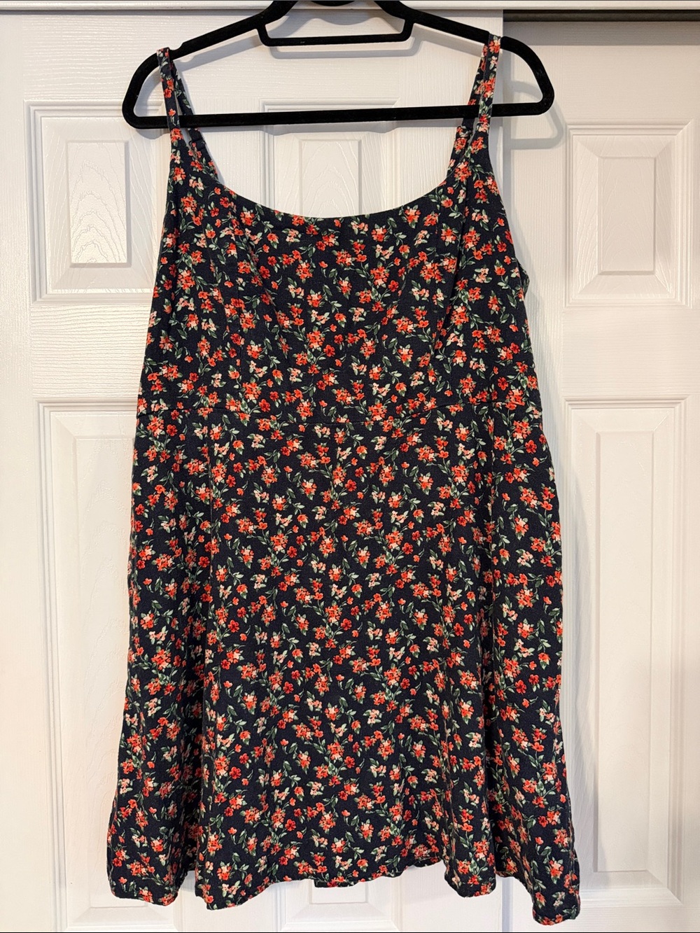 Old Dark Navy Mini Dress with Red Floral Print & Pockets